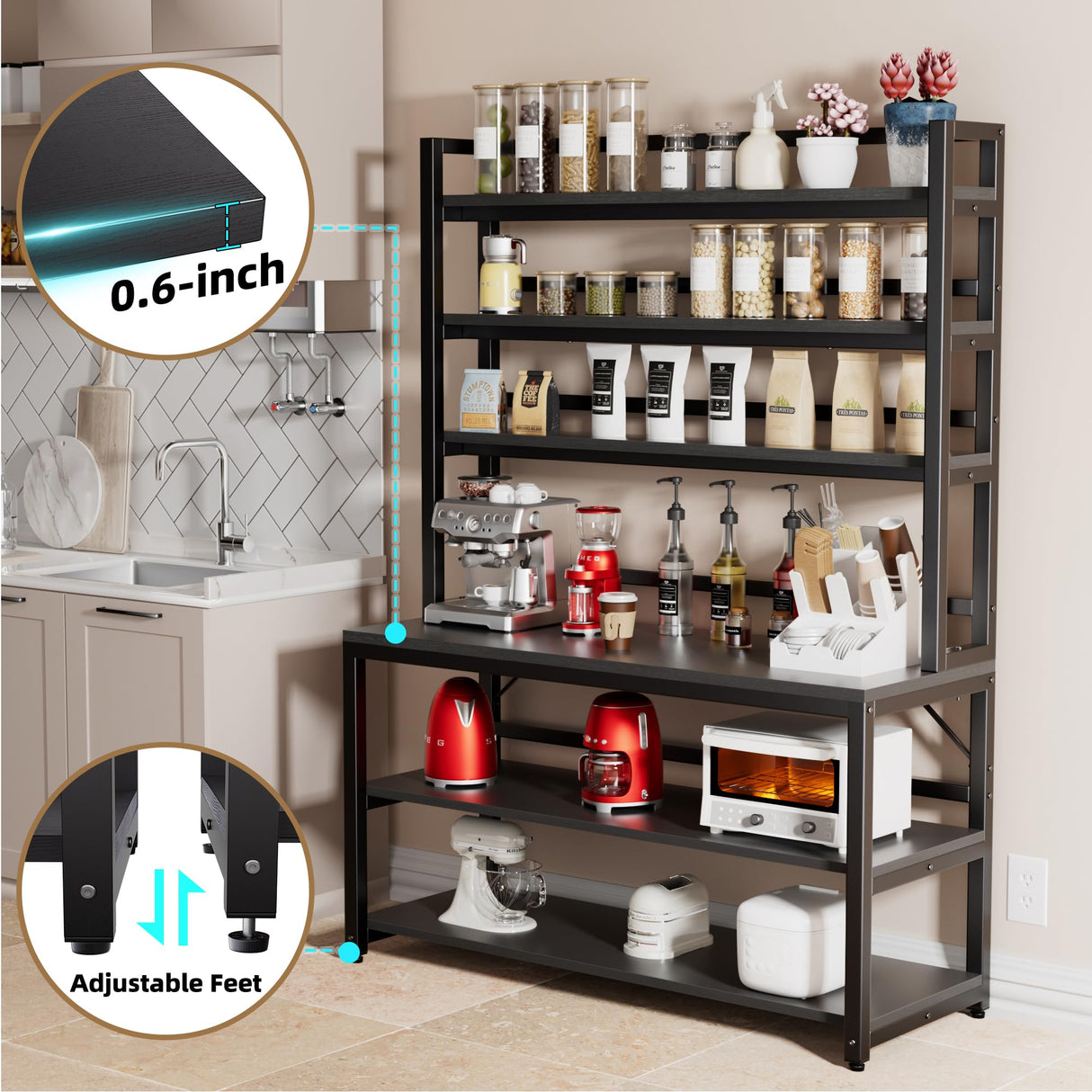 Aquzee Large Bakers Rack for Kitchens, 47in Wide (47.2“W x 15.7”D x 70.8" H) 6 Tiers Kitchen Stand with Hutch & Storage, Black Freestanding Tall Bakers Racks Organizer with Shelves Aquzee