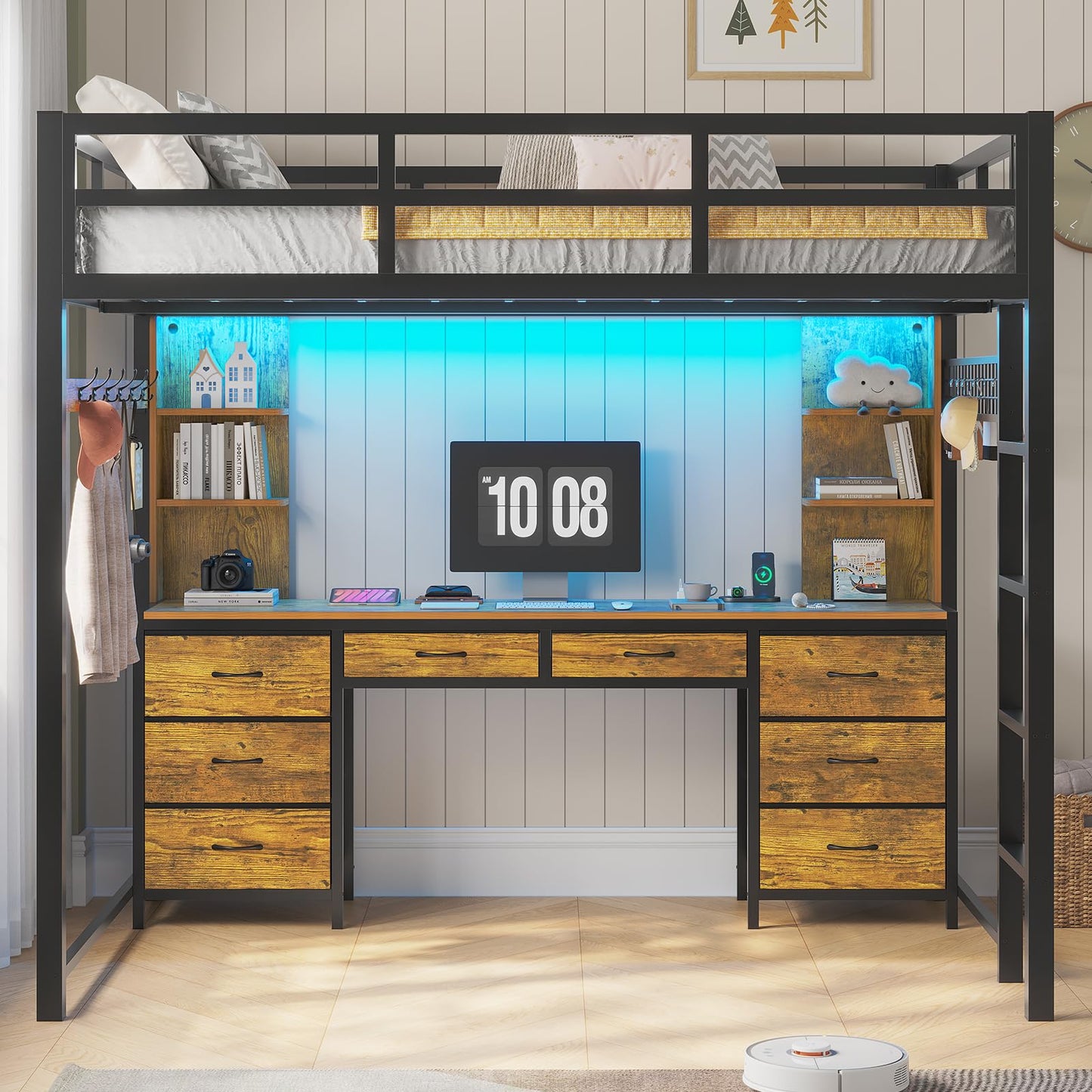 ADORNEVE Twin Loft Bed with Desk and 8 Storage Drawers, Metal Loft Bed Twin Size with LED Lights & Charging Sation, LED Loft Bed with 6 Storage Shelves & Clothes Rail, Full-Length Guardrail, Black