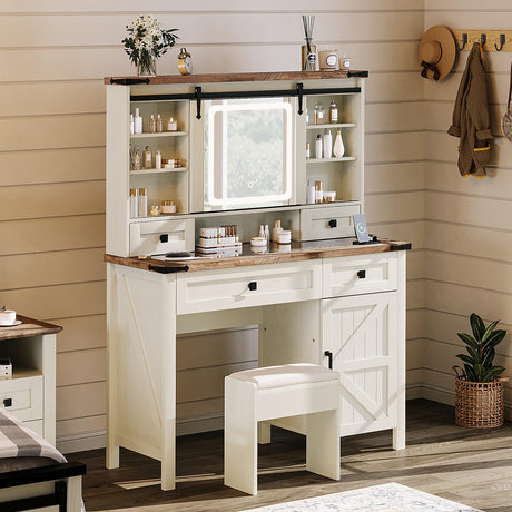 AMERLIFE 42'' Farmhouse Makeup Vanity Desk with Sliding Mirror and Lights, Glass Tabletop Vanity Table with 2 Drawers & Shelves for Bedroom(NO Bench), Antique White AMERLIFE
