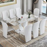 hohoedc 71 Inch White Dining Table Set for 8 with 0.4 Inch Thick Faux Marble Pattern Tempered Glass Tabletop & 8 PU Leather Chairs, 9-Piece Rectangle Kitchen and Dining Room Table Sets hohoedc