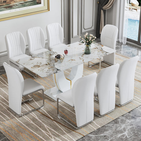 hohoedc 71 Inch White Dining Table Set for 8 with 0.4 Inch Thick Faux Marble Pattern Tempered Glass Tabletop & 8 PU Leather Chairs, 9-Piece Rectangle Kitchen and Dining Room Table Sets hohoedc