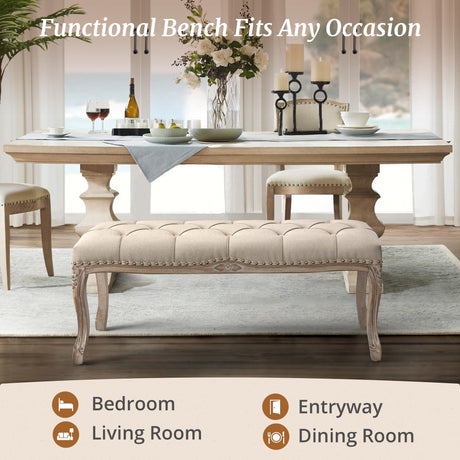 Cozyman Bedroom Bench, French Vintage Tufted Entryway Bench, 45.2" Carving Upholstered End of Bed Bench with Distressed Wood Legs, Linen Ottoman Bench Seat for Living Room, Dining Room, Linen Color Cozyman
