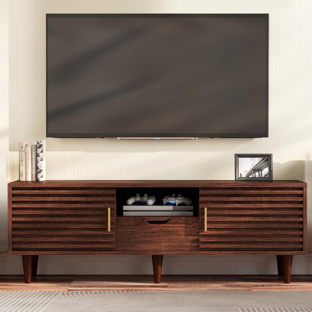 Whalefall Mid Century TV Stand for 65+ Inch TV, Entertainment Center with Sliding Door, Drawer, Storage Shelves, Mid Century Modern Media TV Console, Boho Television Stand for Living Room (59",Brown) Whalefall