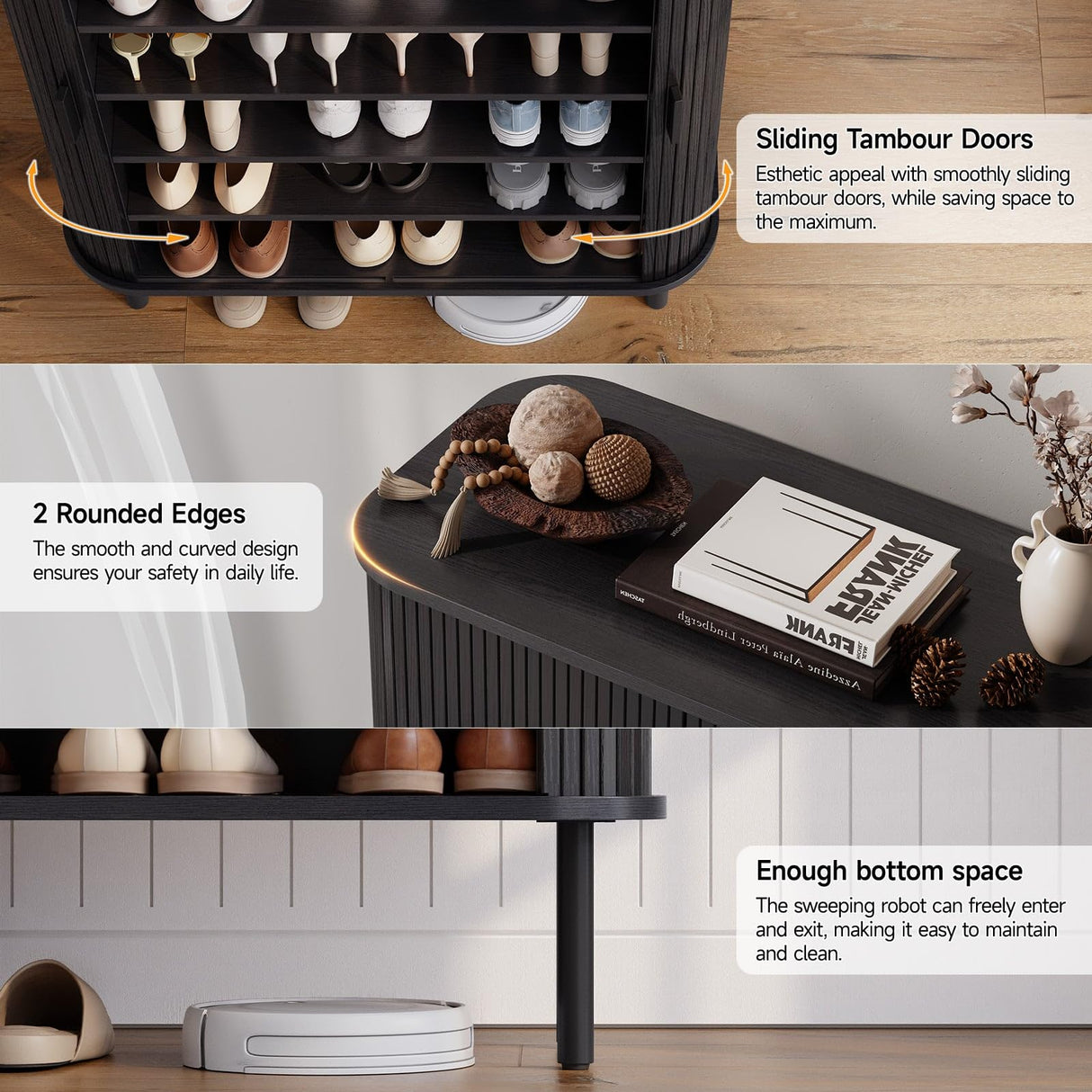 ONBRILL 6-Tier Shoe Cabinet with Sliding Door, Wooden Shoe Storage Cabinet with Adjustable Shelves, Mid-Century Modern Freestanding Shoe Storage Organizer for Entryway, Hallway, Living Room, Black ONBRILL