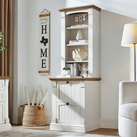 OKD Farmhouse Bookcase with 2 File Drawers, 72" Tall Bookcase with 4-Tier Open Adjustable Shelves, Wooden Freestanding Bookshelf Storage Organizer for Home Office, Living Room, Antique White OKD