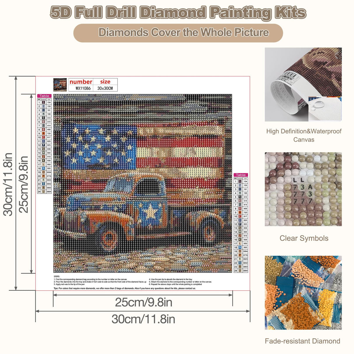 CEOVR Truck Diamond Painting Kits for Adults, American Flag Diamond Art Dots 5D Full Drill DIY Gem Art for Beginner, Adult Crafts Kits Arts and Crafts, Wall Decor for Home Office 12x12in CEOVR