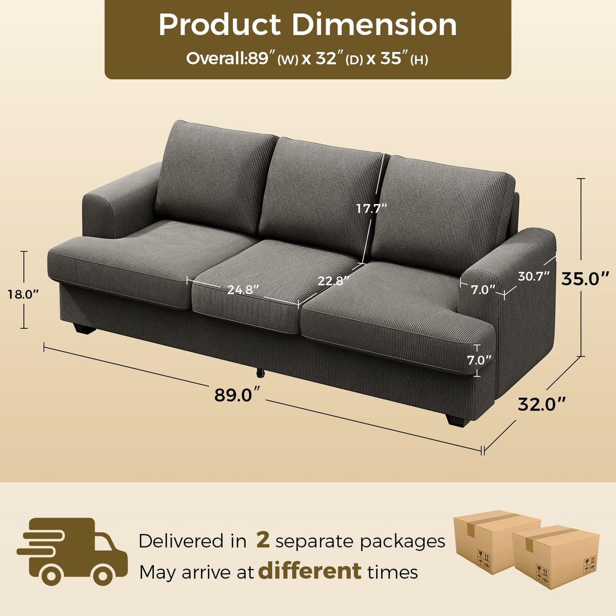 KKL 89 Inches Loveseat Sofa, Comfy Cloud Couch with Deep Seats, 3 Seater Couches for Living Room, Chenille Fabric, Wood Frame, Easy Assembly, Grey KKL