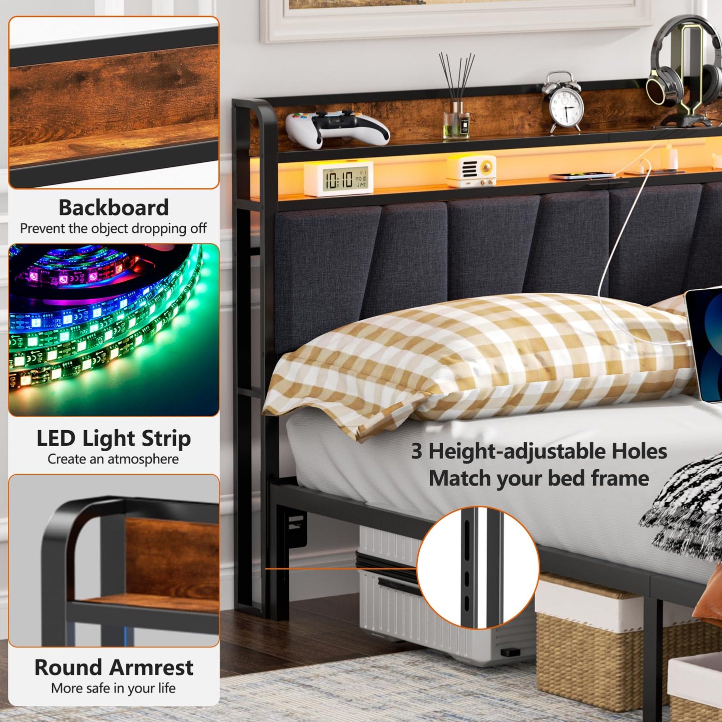 Furnulem King Size Headboard with Charging Station, USB Ports, and Adjustable RGB LED Light - WoodArtSupply