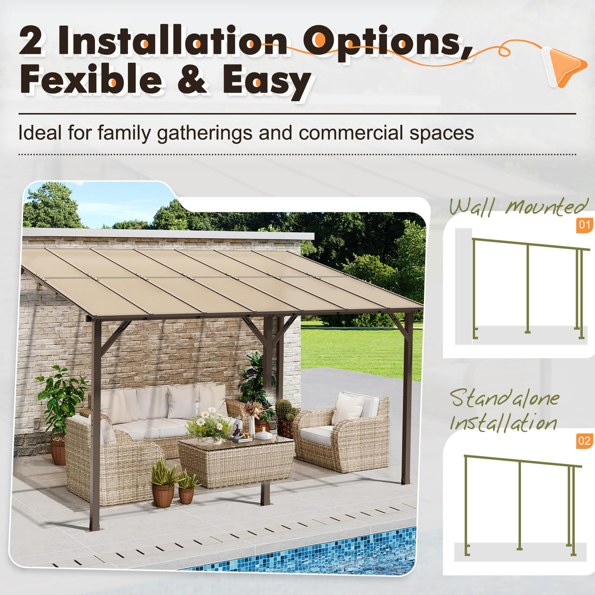 Crownland 10'x14' Outdoor Gazebo Hardtop, Wall-Mounted Lean-to Gazebo with Dewatering Hole, Large Outdoor Pergola Awning, Waterproof for Deck, Backyard, Garden, Porch Crownland