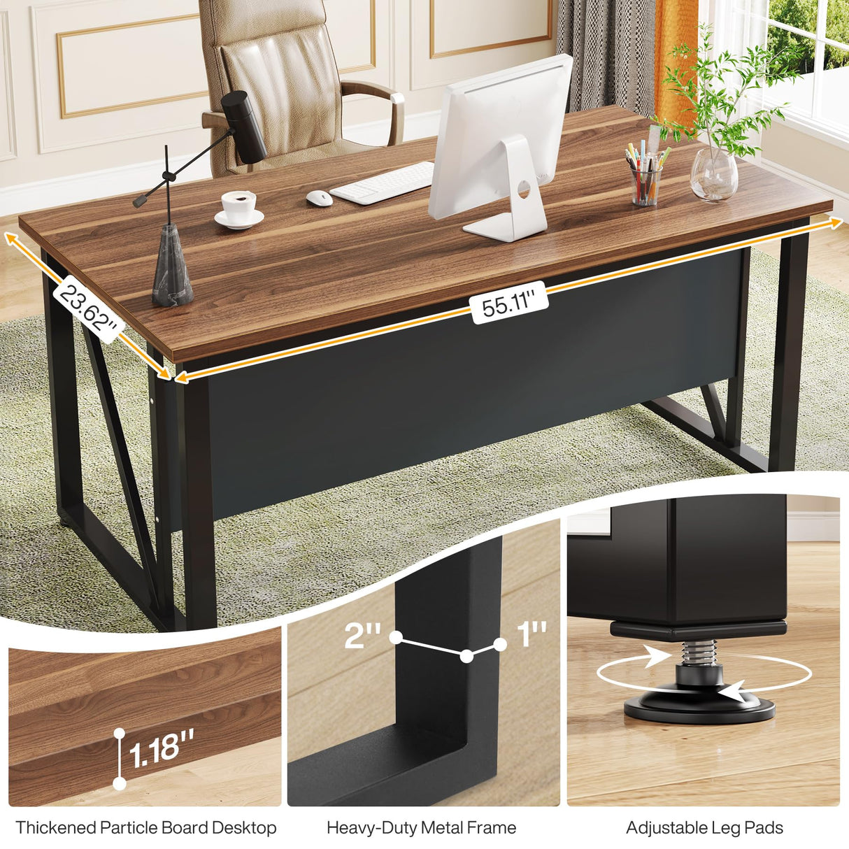 Tribesigns 55 inches Simple Computer Desk,Home Office Desk Writing Table for Workstation,Dark Walnut + Steel Leg， Cabinet not Included (Walnut, 55-inch) Tribesigns