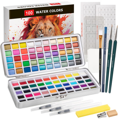 Watercolor Paint Set 100 Colors botkc Travel Water Colors kit with 7 Brushes 8 Watercolor papers Palette set Including Metallic and Accessories Art Supplies Gifts for Kids Artists Teens Adults and Hobbyists