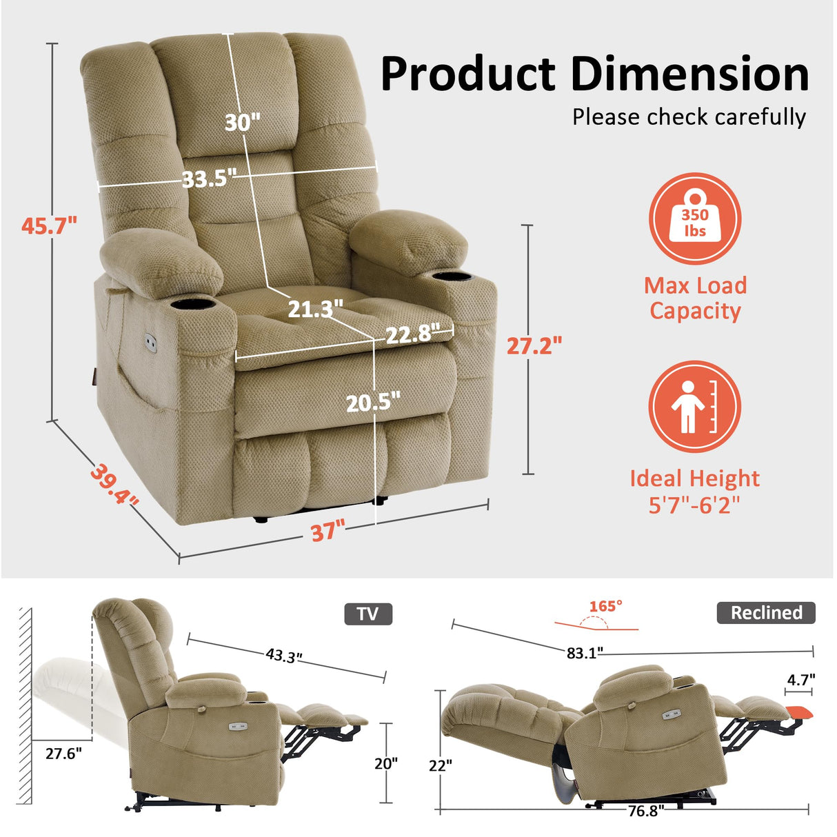 MCombo Large Triple Motor Power Lift Recliner Chair with Massage and Dual Heating, Adjustable Headrest for Tall Elderly People, Fabric 7634 (Beige, Large) MCombo