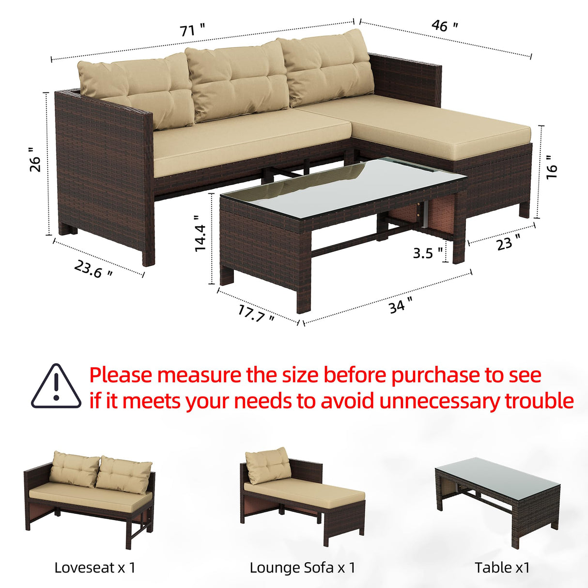 Shintenchi Outdoor Patio Furniture Sets, Wicker Patio sectional Sets 3-Piece, All Weather Wicker Rattan Patio Seating Sofas with Glass Coffee Table and Cushion (Beige) Shintenchi