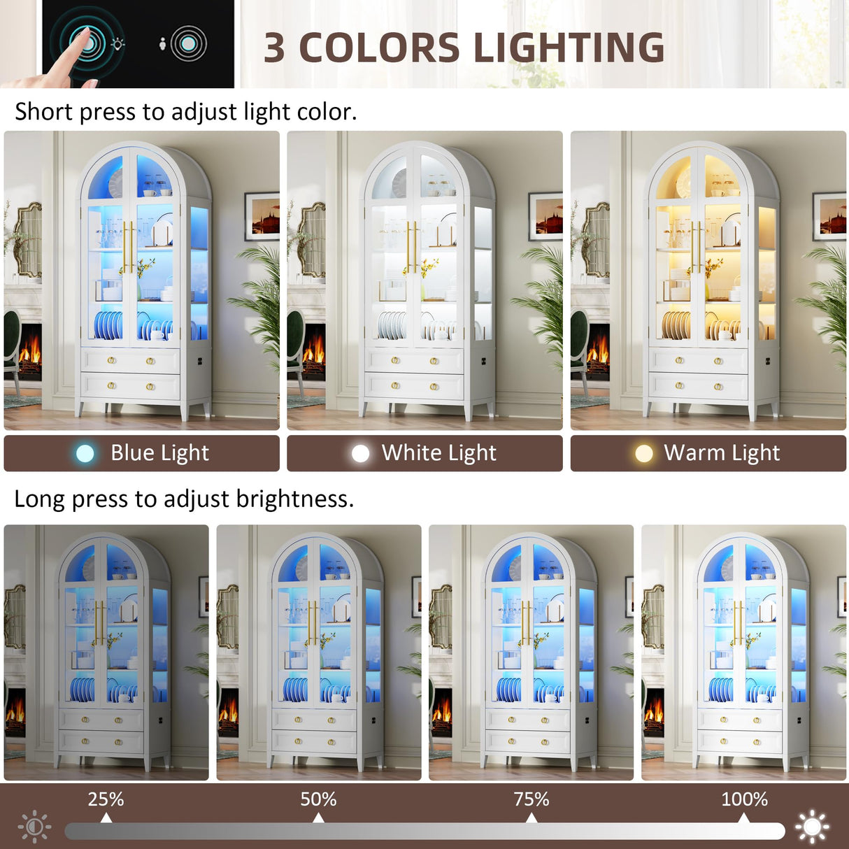 Vlsrka 71 Inch Arched Curio Cabinet, 4-Tier Display Cabinet and 2 Drawers, Tall Bookcase with 3 Color Lights, Display Case with Glass Doors, Kitchen Pantry, White Vlsrka