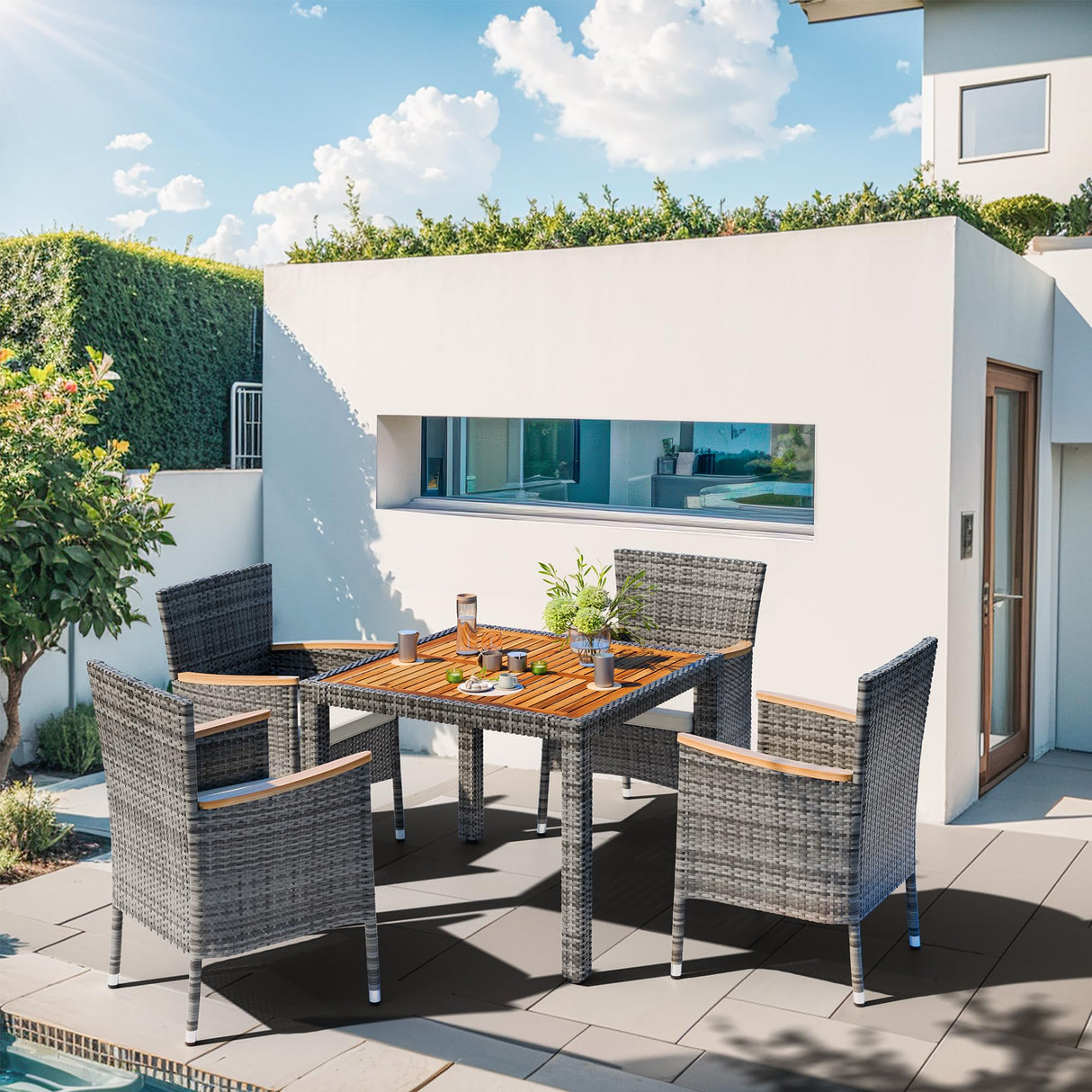 Shintenchi 5 Piece Patio Dining Set, Wicker Patio Conversation Set with Wooden Table Top, Outdoor Table and Chairs with Soft Cushions for Backyard, Deck and Garden, Grey Wicker Shintenchi