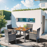 Shintenchi 5 Piece Patio Dining Set, Wicker Patio Conversation Set with Wooden Table Top, Outdoor Table and Chairs with Soft Cushions for Backyard, Deck and Garden, Grey Wicker Shintenchi