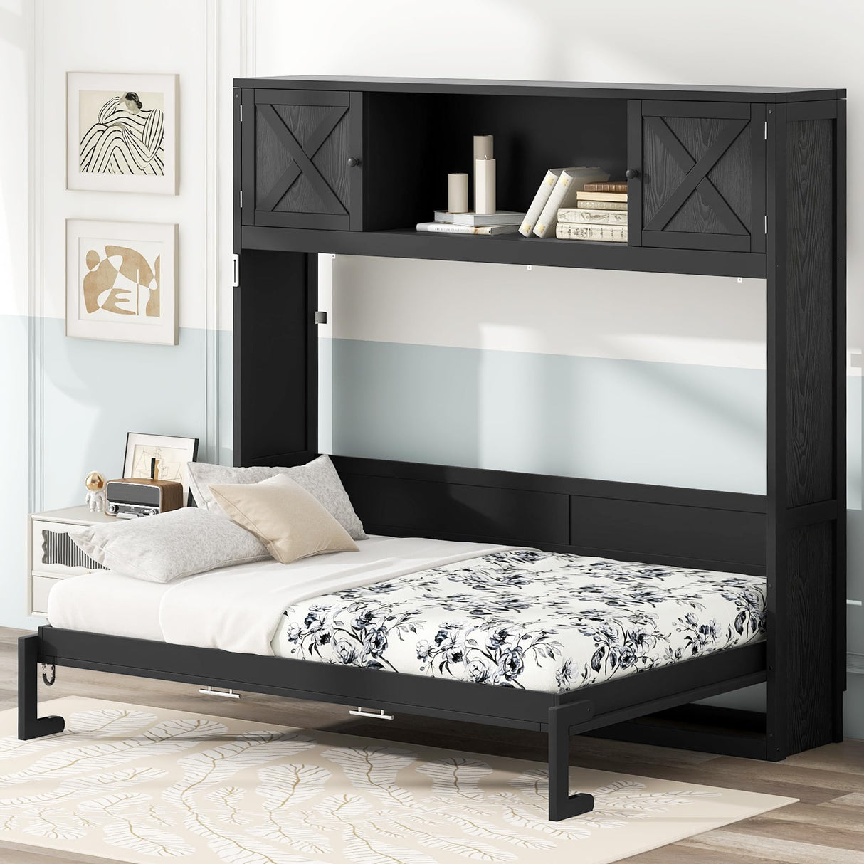 Full Size Murphy Bed Cabinet, Solid Wood Wall Bed with Storage, for Bedroom Guestroom Home Office, Black RuiSiSi