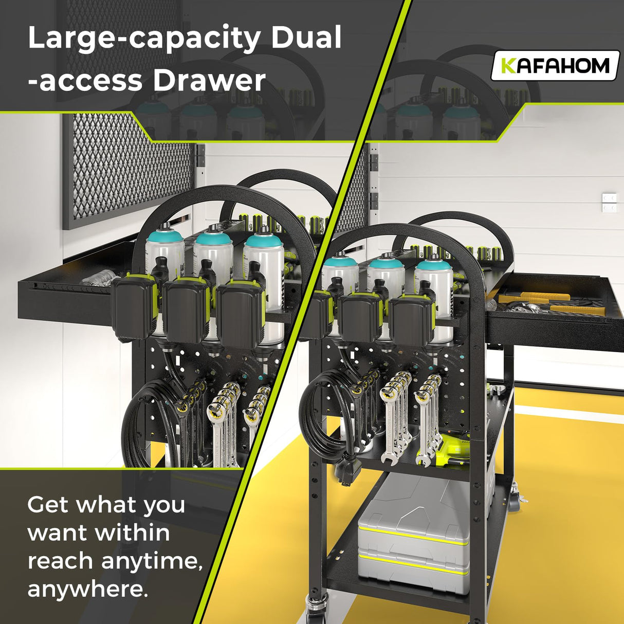 KAFAHOM Power Tool Cart with Charging Station, Rolling Cart with Drawer, Heavy Duty Power Tool Organizer with 360 Silent Wheels, Storage for Garage, Warehouse & Repair Shop KAFAHOM