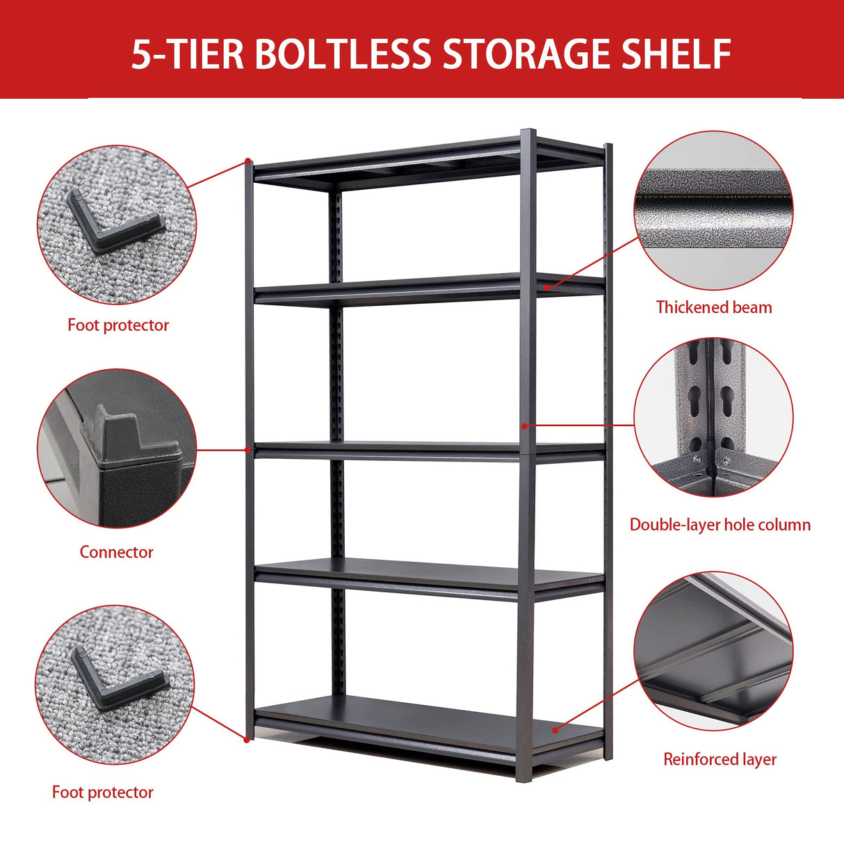 FOSTOKO 78" H Garage Shelving, Metal Storage Shelves, 3000LBS Heavy Duty Shelving, Adjustable 5 Tier Storage Rack, Industrial Utility Shelf for Garage, Warehouse, Kitchen,18" D×47.5" W×78" H, Black FOSTOKO