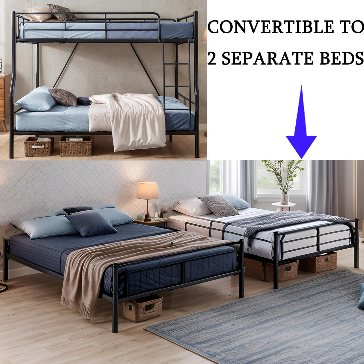 Movdevy Metal Full XL Over Queen Bunk Bed for Kids Adults Teens Boys, Stronger Metal Queen Size Bunk Beds, Heavy Duty Bunk Bed Full XL Over Queen with Ladder & Guardrail, No Box Spring Need (Black) Movdevy