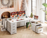 Coleshome L Shaped Computer Desk with 6 Drawers & Power Outlet, 55 Inch Corner Desk with Reversible Storage Shelf & File Drawer, Home Office Desk, White Coleshome