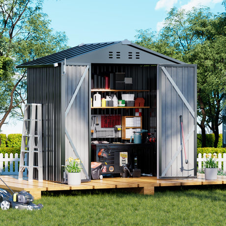 COMHOMA Shed Outdoor Storage Shed Metal,Lockable Doors Tool Sheds with Sloping Roof,Steel Garden Shed with Air Vent for Backyard,Patio,Lawn,Poolside (Dark Grey, 6x4) COMHOMA