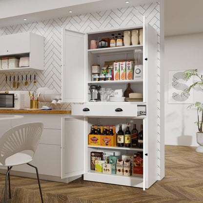 71" Kitchen Pantry Cabinet, Metal Storage Cabinets with Adjustable Shelves and Drawer, White Pantry Cabinets, 4 Doors Metal Pantries Cabinet for Kitchen, Dining Room, Living Room - Assembly Required