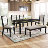 Merax 6-Piece Kitchen Dining Table Set, 62.7" Rectangular with 4 High-Back Tufted Chairs & 1 Bench for Kitchen Room, Black Merax