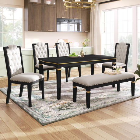 Merax 6-Piece Kitchen Dining Table Set, 62.7" Rectangular with 4 High-Back Tufted Chairs & 1 Bench for Kitchen Room, Black Merax