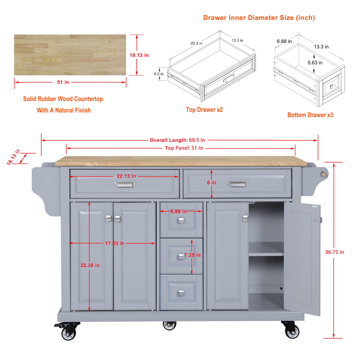 Generic 60.5"" Kitchen Island on Wheels, Rolling Island Table for Kitchen with Double Storage Cabinet and 5 Drawers, Portable Kitchen Cart with Rubber Wood Top, Grey, Large Generic
