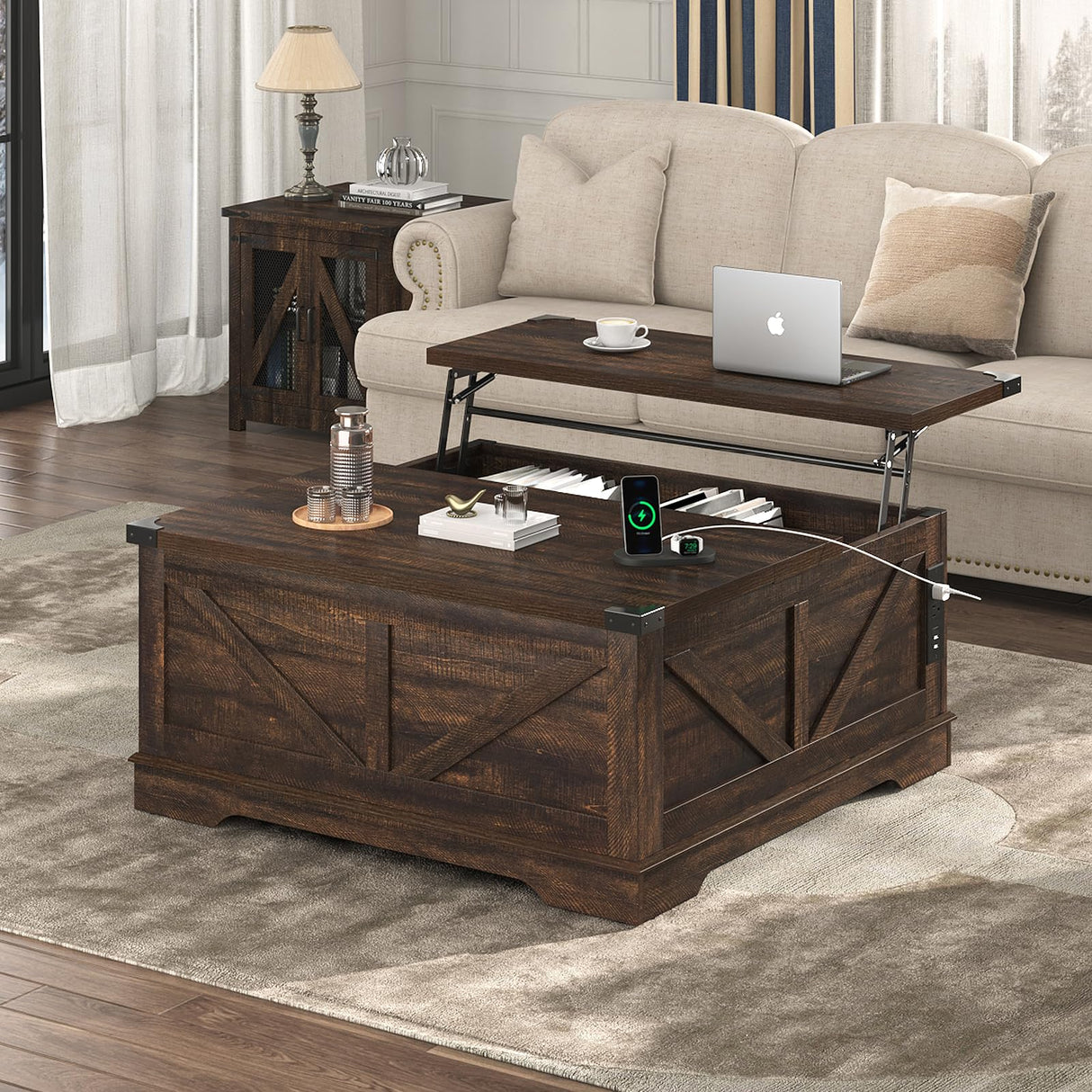 Hlivelood 40” Large Farmhouse Lift Top Coffee Table with Power Outlets and Large Hidden Storage, Square Wood Living Room Tables, Multi-Function Lift Wooden Barn Door Center Table, Brown Hlivelood