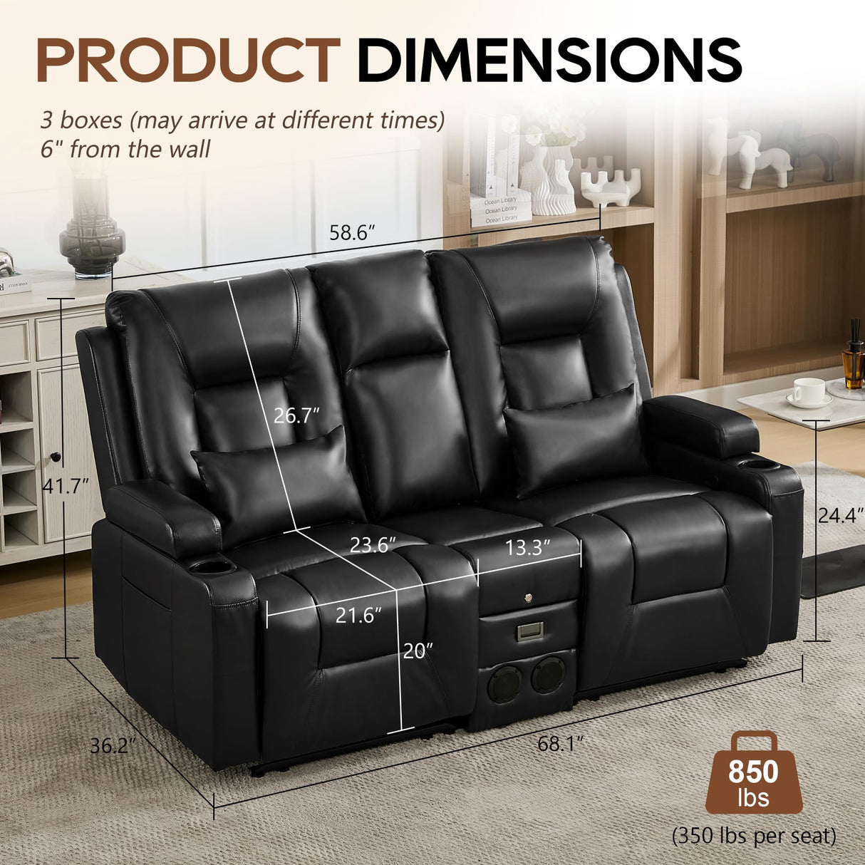 URRED Manual Reclining Loveseat Sofa with Console, Double Recliner RV Couch with Bluetooth Speakers, USB & Power Outlet, Cup Holders, Pillow and Side Pocket, for Home Theater, Faux Leather, Black URRED