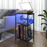 3 Tiers End Table with Charging Station,LED Side Table Turntable Stand for Vinyl Storage, Records Shelf for Albums, Vinyl Holder Shelf Records Player Stand for Living Room, Bedroom Black WoodArtSupply