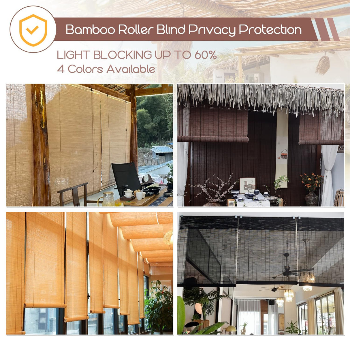 Lsjoaw Bamboo Blinds 40x40in/102x102cm Bamboo Roll Up Blind Shades Roller Window Shades Patio Shades Roll Up with Lift Bamboo Shades for Windows Porch Balcony Reed Shades,Black Lsjoaw