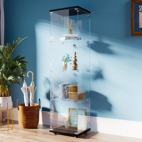 FANYUSHOW Tempered Glass Display Cabinet 4-Shelf Curio Cabinet with Security Lock 5mm Display Shelf Showcase for Living Room/Bedroom/Office- Black 64.7" H x 16.7" L x 14.37" W FANYUSHOW
