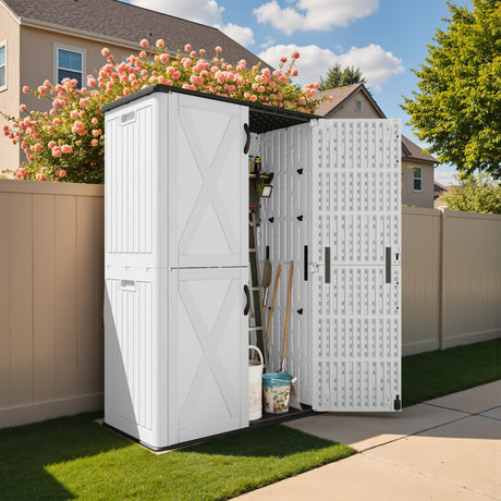 Devoko 50 Cu.ft Outdoor Storage Cabinet - Vertical Resin Storage Shed - Holds Patio Furniture, Pool Toys, Garden Tools (White) Shelf Not Included Devoko