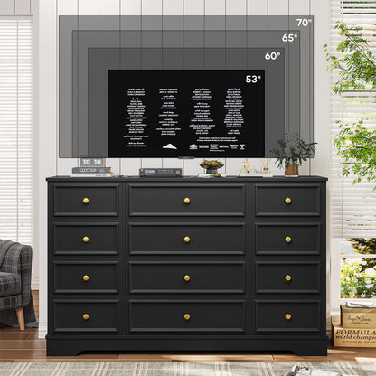 Hasuit Large Dresser with 12 Drawers for Bedroom, 61.4'' Long Modern Chest of Drawers, Black Wide Dressers Clothes Closet, Wooden Bedroom Funiture Storage Organizer