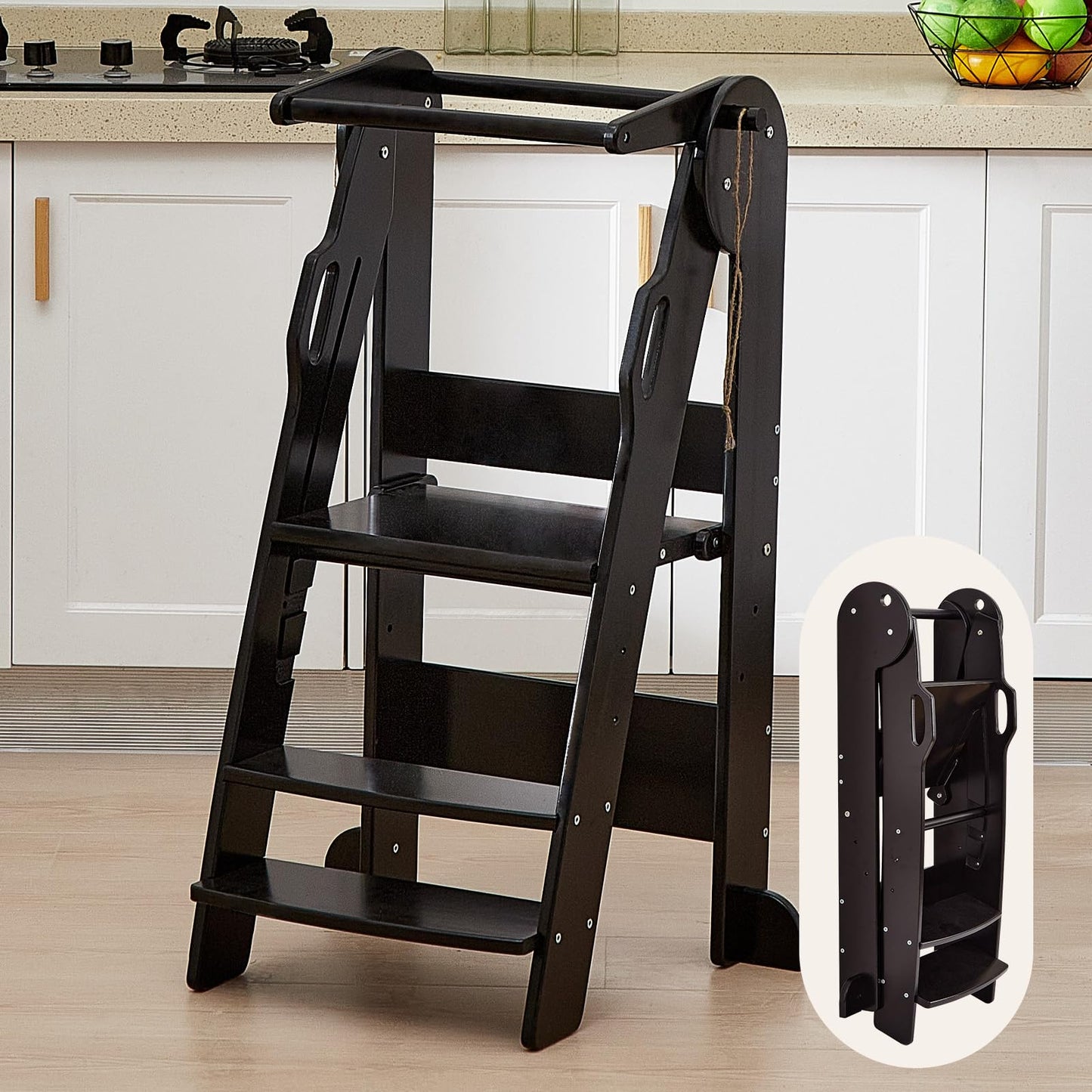 FUNLIO 3-Level Height Adjustable Kitchen Step Stool, Foldable Toddler Tower for Kids 2-6 Years, Montessori Child Standing Tower, CPC & CE, Easy to Assemble, Black