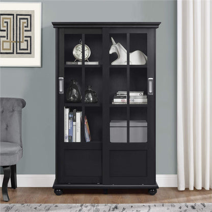 Ameriwood Home Aaron Lane Bookcase with Sliding Glass Doors, Black - WoodArtSupply