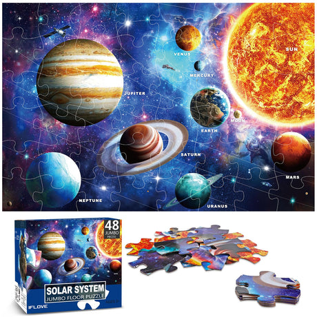 Jumbo Floor Puzzle for Kids Ages 4-8,Solar System Jigsaw Puzzles,48 Piece Space Large Puzzles for Toddler Ages 3-5,Preschool Learning Planets Toys Christmas Birthday Gift for Boys Girls IFLOVE