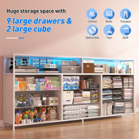 EnHomee 55” W Dresser, White Dresser for Bedroom with Power Outlet & LED Lights for 65" TV Stand for Bedroom Dresser with 9 Fabric Drawers, Sturdy Dressers for Bedroom, Closet, Entryway EnHomee