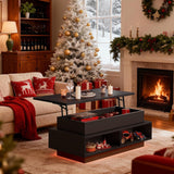 YESHOMY 40" Lift Top Coffee Table with Hidden Storage & Multi-Color LED Lights, Modern Square Wood Table with 4 Open Shelves for Living Room and Small Space, Black YESHOMY