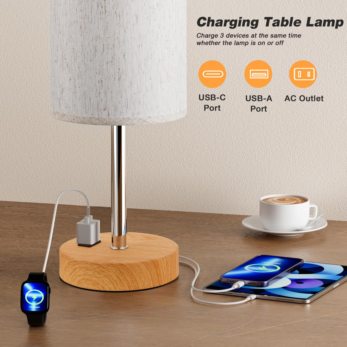 Fenmzee Touch Table Lamp - Cream, 3-Way Dimmable, USB A + C Charging, AC Outlet, 17.4inch Medium, Wood Grain Base Fenmzee
