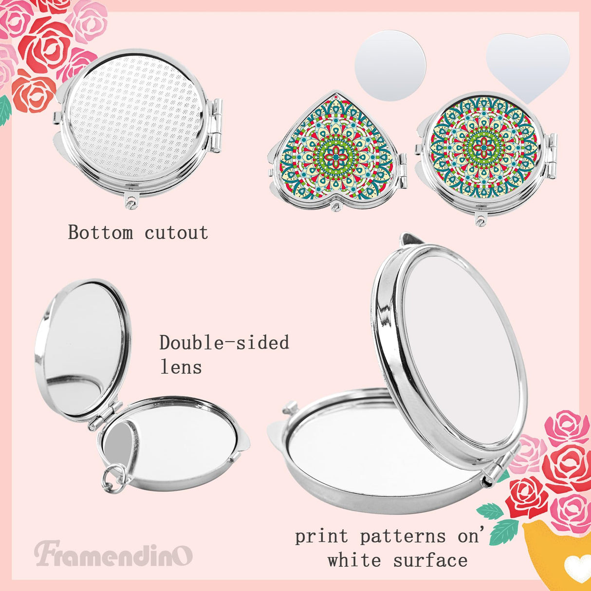 Framendino, 6 Pack Sublimation Blanks Pocket Mirror Compact Travel Folding Mirrors for Makeup Heart Round Framendino