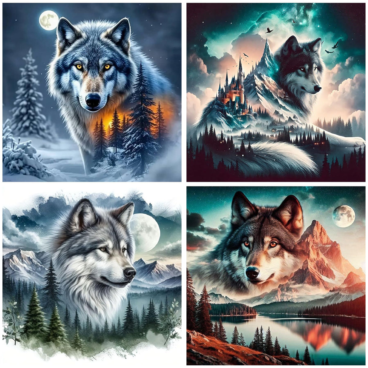 Axquilon 4 Pack Diamond Art Kits for Adults - Wolf Diamond Painting Kits for Adults, 5D Round Full Drill Gem Art, Paint by Diamonds Pictures DIY Crafts Kits 14x14 inch Axquilon