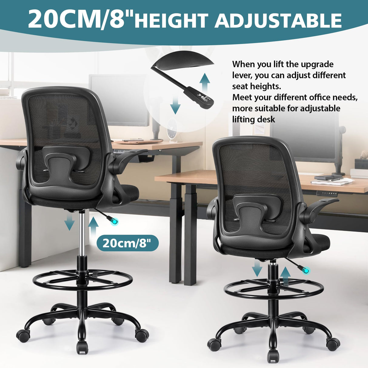 Winrise Drafting Chair Tall Office Chair Ergonomic Desk Chairs with Lumbar Support and Flip-up Armrests, Adjustable Height Comfy Computer Chair with Swivel Task and Adjustable Foot Ring(Black) Winrise
