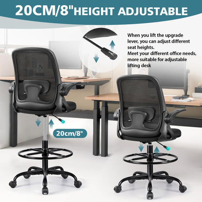 Winrise Drafting Chair Tall Office Chair Ergonomic Desk Chairs with Lumbar Support and Flip-up Armrests, Adjustable Height Comfy Computer Chair with Swivel Task and Adjustable Foot Ring(Black - WoodArtSupply