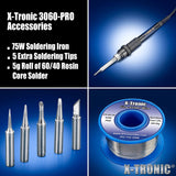 X-Tronic 3060-PRO • 75W Soldering Iron Station Kit • 5 Extra Tips • Mini Mag Lamp • 4 Helping Hands • Solder Sucker • Tweezers • 50g Solder • Brass Sponge w/Flux • Sleep Func, °C/°F, 3 Temp Presets! X-TRONIC