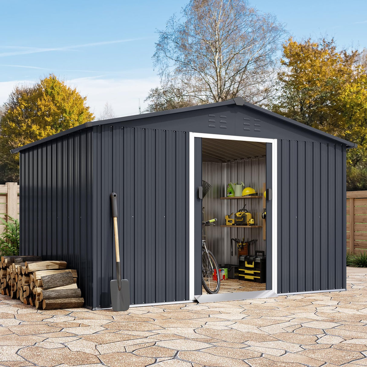 Garveelife 8x10 ft Outdoor Storage Shed, Steel Utility Tool Shed with Sloped Roof & Lockable Door, Backyard Garden Patio Lawn Outdoor Shed for Storing Tools and Equipment in Yard, Grey GarveeLife