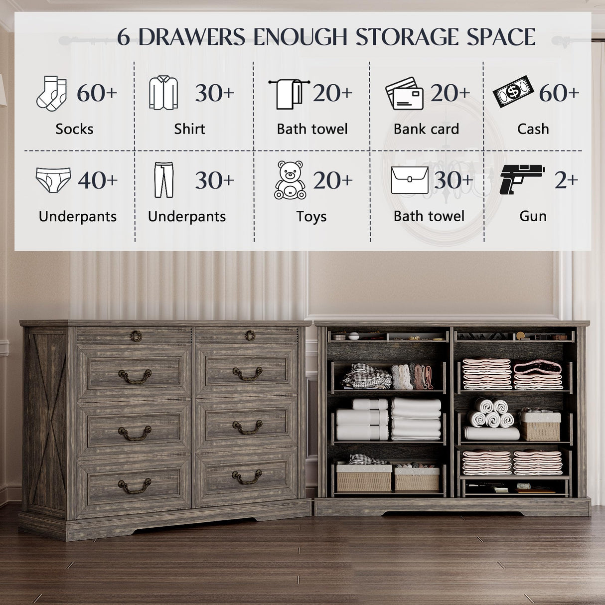 Lareth Farmhouse 6 Drawer Dresser for Bedroom 47 inch Wooden Double Chest of Drawers with Glass Top LED Light Charging Station One Secret Drawer Bedroom Closet Dresser Tv Stand for Living Room, Brown Lareth